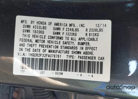 2015 Honda Accord Lx z USA, uszkodzony, nr VIN 1HGCR2F32FA076761
